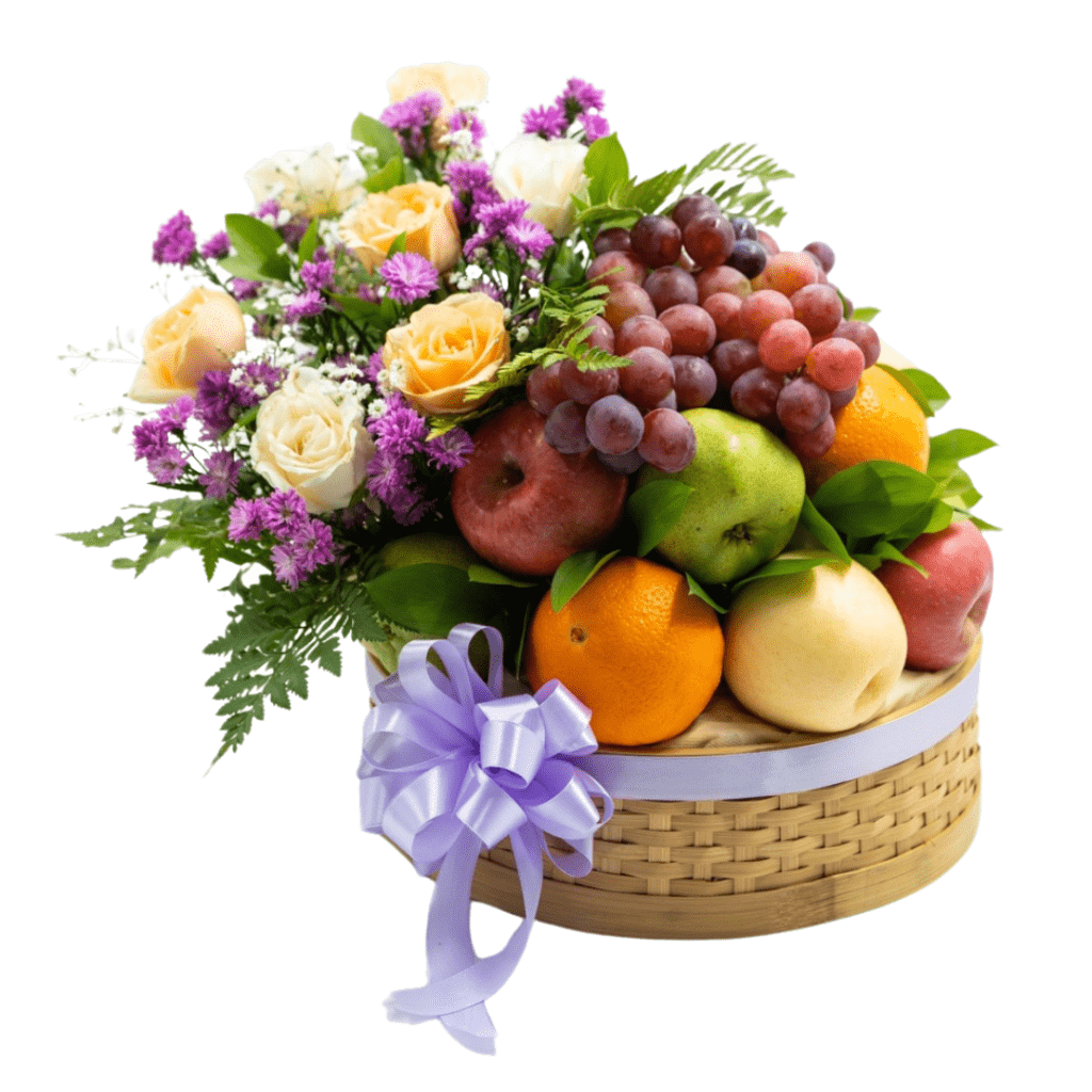 7 Benefits of Healthy Fruit Hampers for a Better Lifestyle 6 Frangipani Cascade fruit hamper Bali dalam keranjang bambu bulat dengan bunga dan buah segar