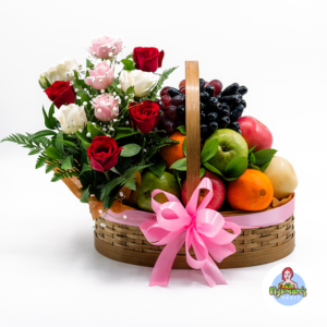 The Gift of Health and Happiness 2 Parcel buah Azalea Aura dengan susunan apple, pear, jeruk, dan anggur hitam dalam keranjang bambu