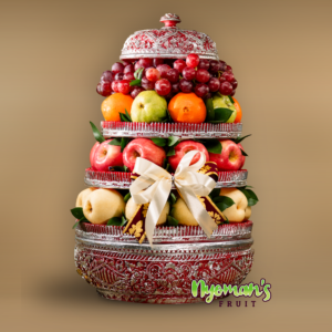 Gumitir Candikusuma parcel buah gebogan Bali dalam keben bulat bertingkat.