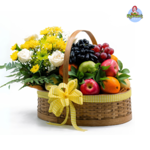 The Gift of Health and Happiness 16 Marigold Magic parcel buah denpasar dengan bunga kuning putih dan keranjang bambu oval